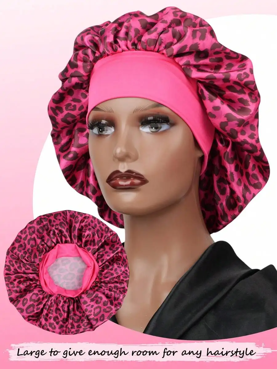 

Pink Leopard Print Sleep Bonnet With Elastic Band For Women Hair Protection