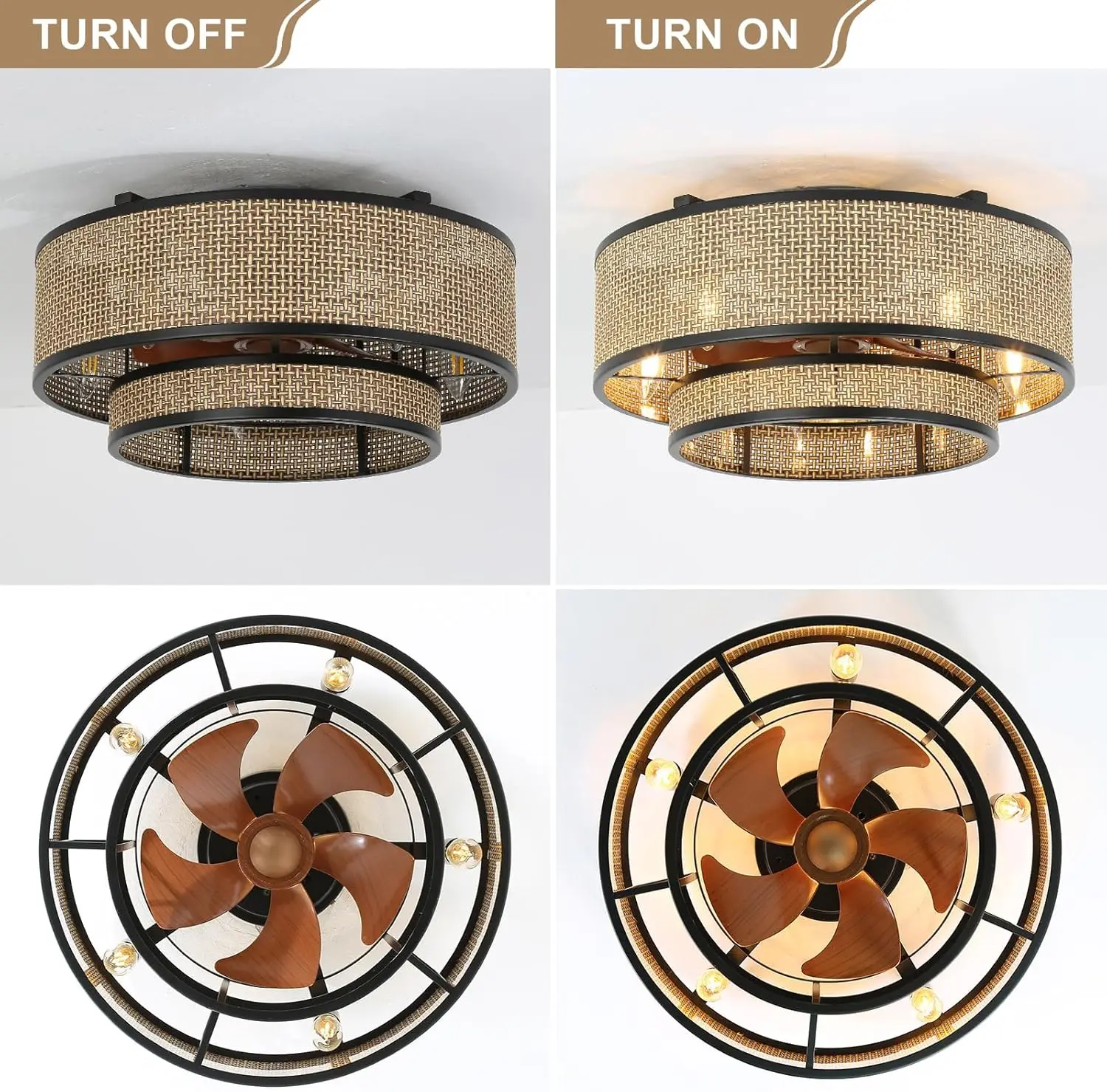 Boho Ceiling Fan with Light 6-Speed Low Profile Chandelier with Remote Control,Bladeless/Quiet DC Motor,for Bedroom Kitchen