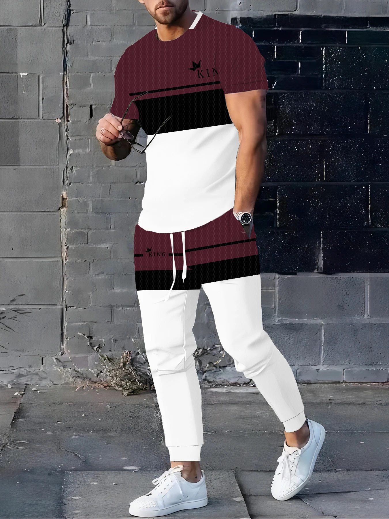 

Summer Men's Casual Sportswear Crew Neck Short-Sleeve T-Shirt With Sweatpants Men's Minimalist Color-Blocked Two-Piece Set