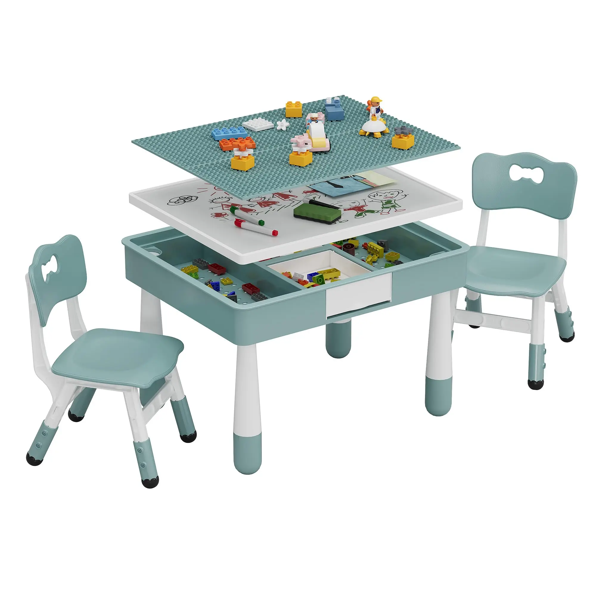 4 in 1 Table & 2 Adjustable Chairs, Double-Sided Reversible Graffiti Building Block Tabletop, Multi-pose Toddler