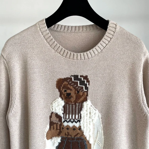 Reine Baumwolle Gestrickte Lange Sve Pullover Bär Stickerei Lose Fit runde Ne Herbst Winter Faion Retro Sle frauen Top
