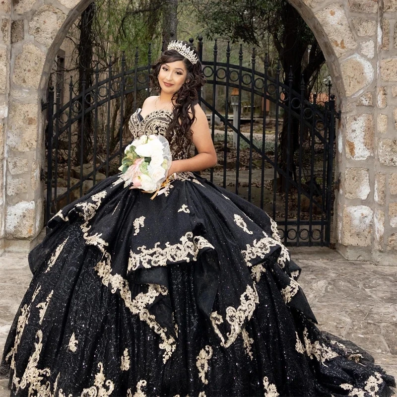 ANGELSBRIDEP Ball Gown Quinceanera Dresses Vestidos De 15 Anos Black And Gold Appliques Princess Birthday Party Gowns Lace-up