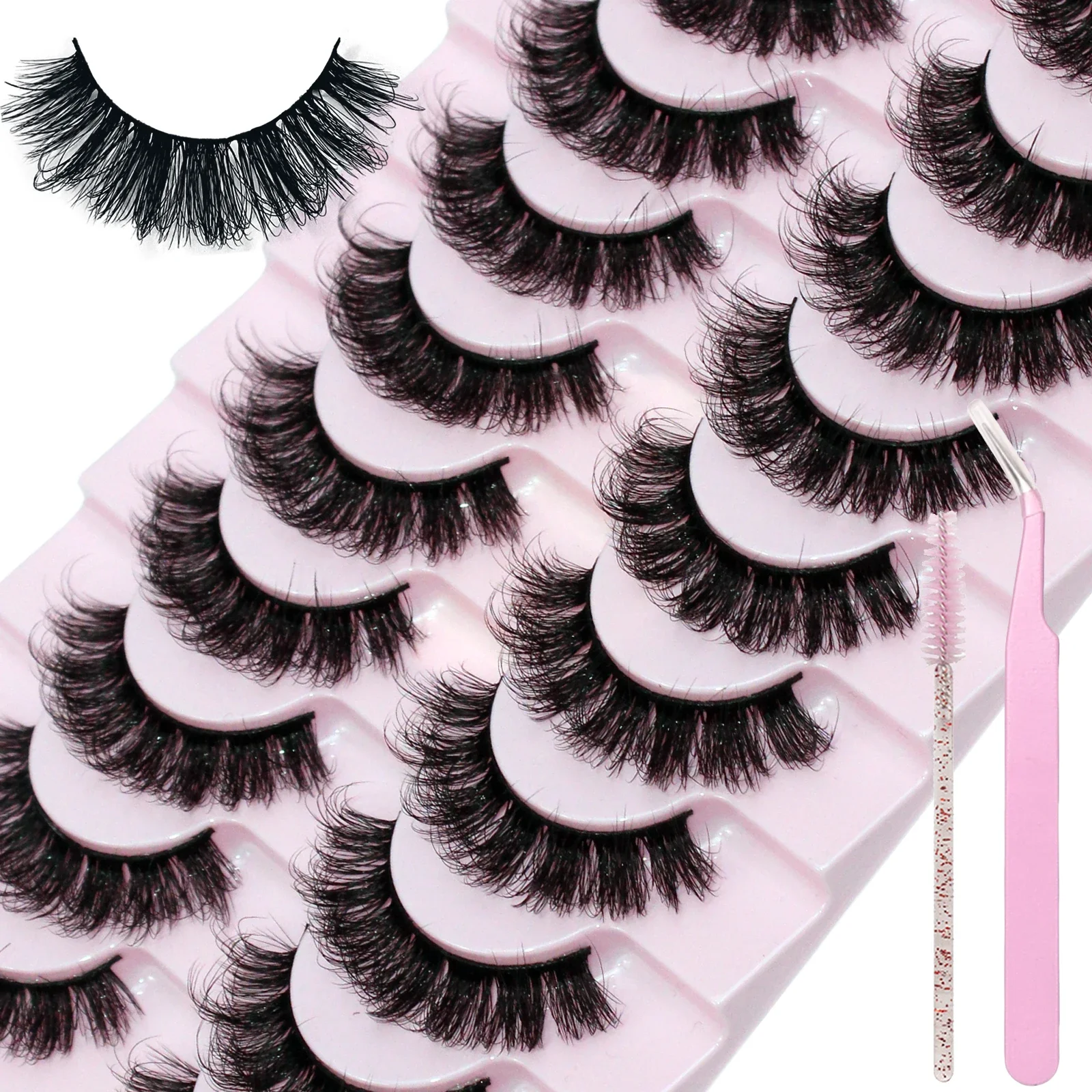 Faux cils moelleux avec brosse à cils et pince à épiler, naturels, longs, doux, contaminants, désordonnés, dramatiques, 1 boîte