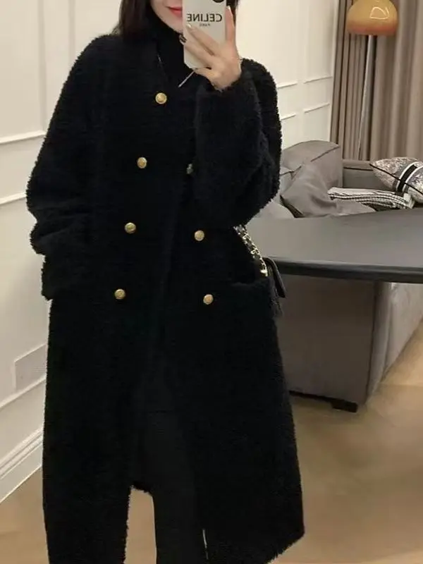 

Модная теплая куртка из овечьей шерсти, свободного кроя, средней длины, осенне-зимняя, новый стиль, верхняя одежда, с завышенной талией, для повседневной носки, в корейском стиле, из полиэфирного волокна