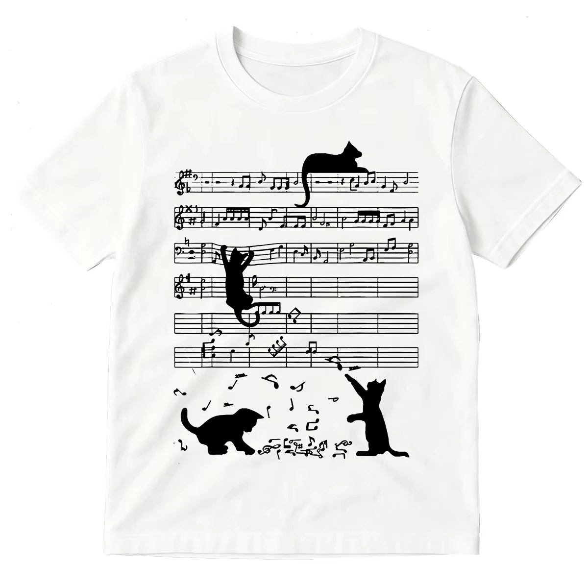 Funny Cat Playing Music Note Clef Musician Art Piano Graphic T-shirts Men Women Clothing Oversized Unisex T Shirt Comfortable