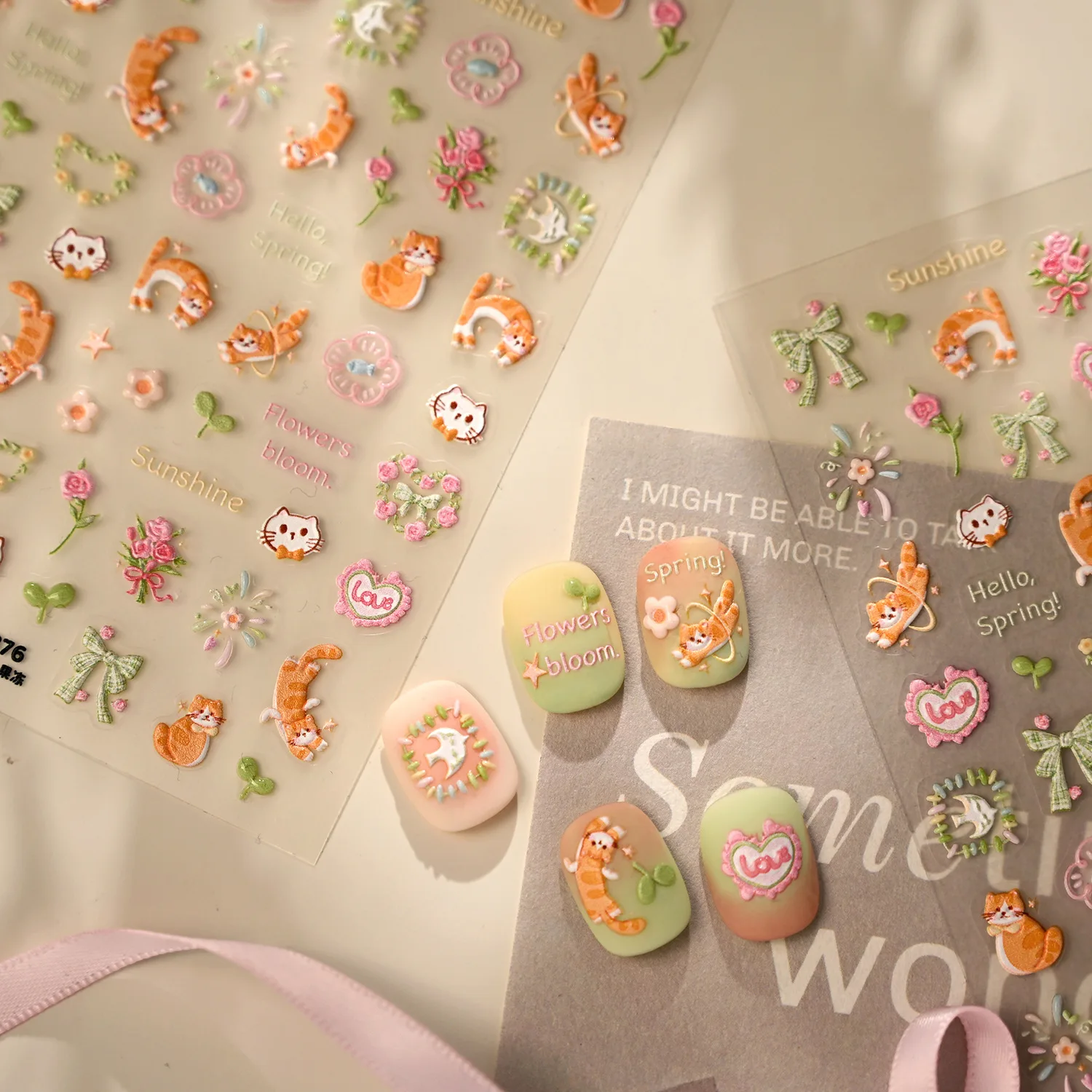 Spring Healing Kitten Nail Stickers M1376 Forest Style Fresh Bowknot Flower Cluster Self-adhesive Nail Stickers