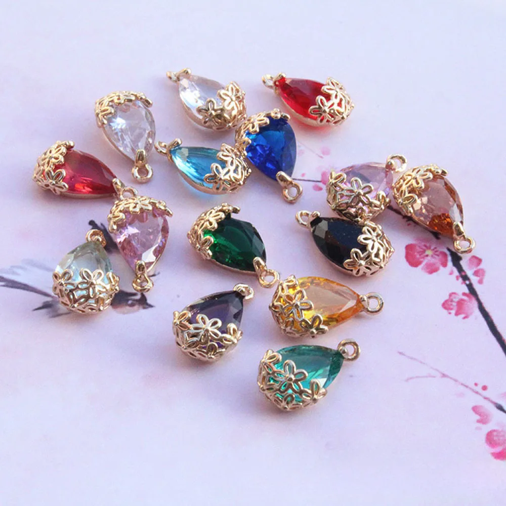 

50pcs/ Bag Copper Edged Plum Blossom Petal Crystal Glass Water Drop Pendant DIY Jewelry Findings Components Accessories