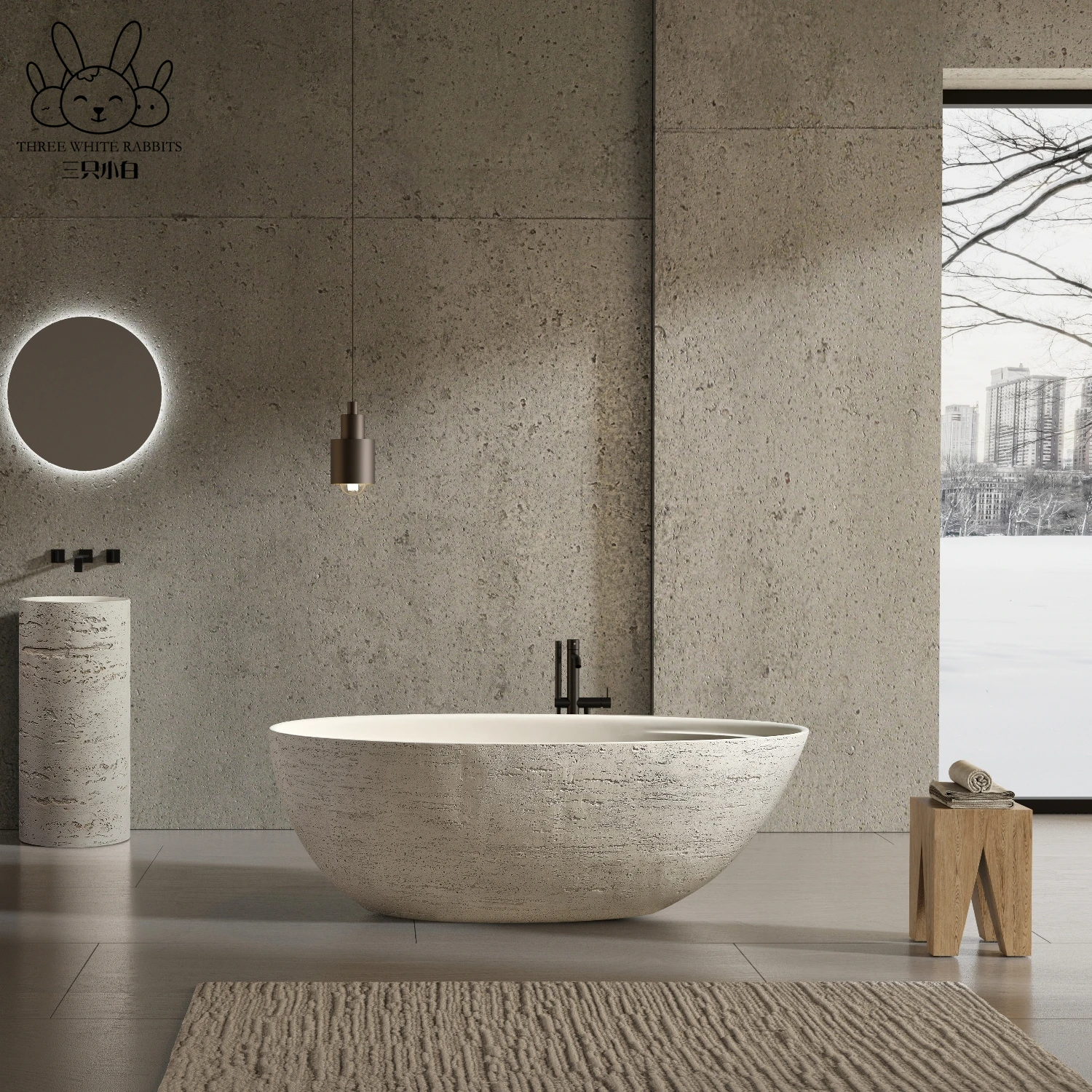 Natural Beige Roman Travertine Granules Homestay Villa Hotel Freestanding Double Adult Travertine Bathtub Bathtub
