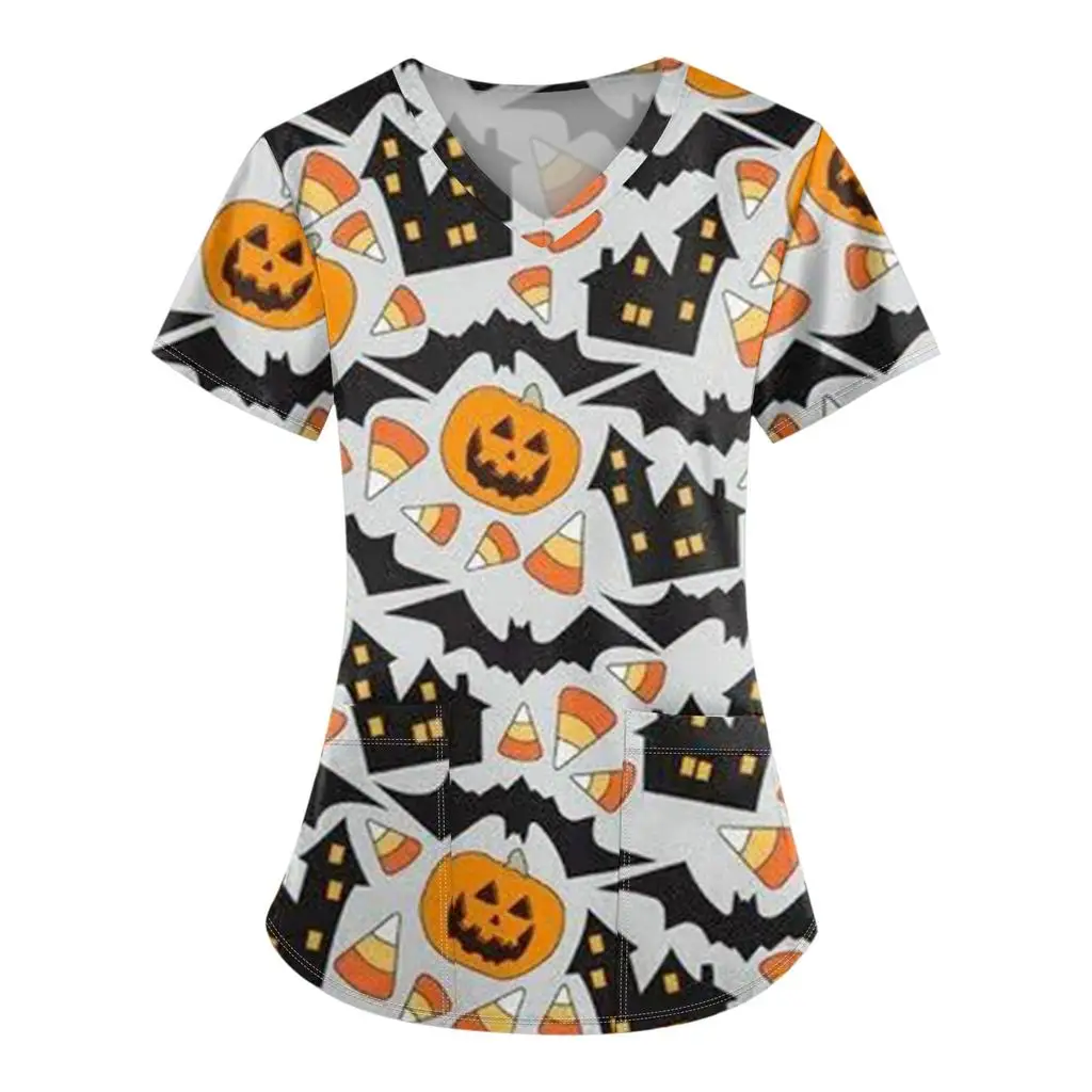 Frauen arbeits uniform Halloween Ghost Print Cartoon V-Ausschnitt Tops Frauen hemden Krankens ch wester Arbeits kleidung medizinische Uniformen