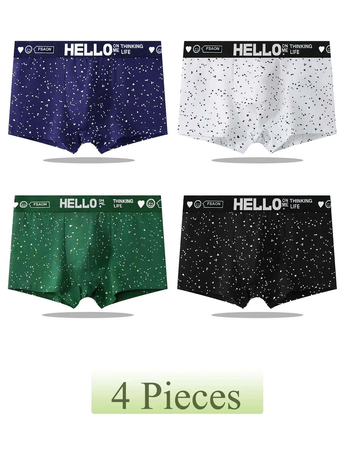 A 4-piece set! 4-color combination fun spot print flat corner pants, letter belt, comfortable and breathable men's underwear