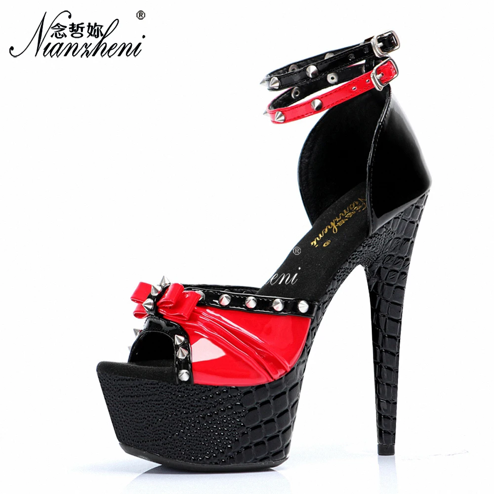 Novelty Modern Exotic Colorblock Bow Platform Sandals 6 Inch 15cm Studded Ultra High Heel Pole Dance Shoes Catwalk Women