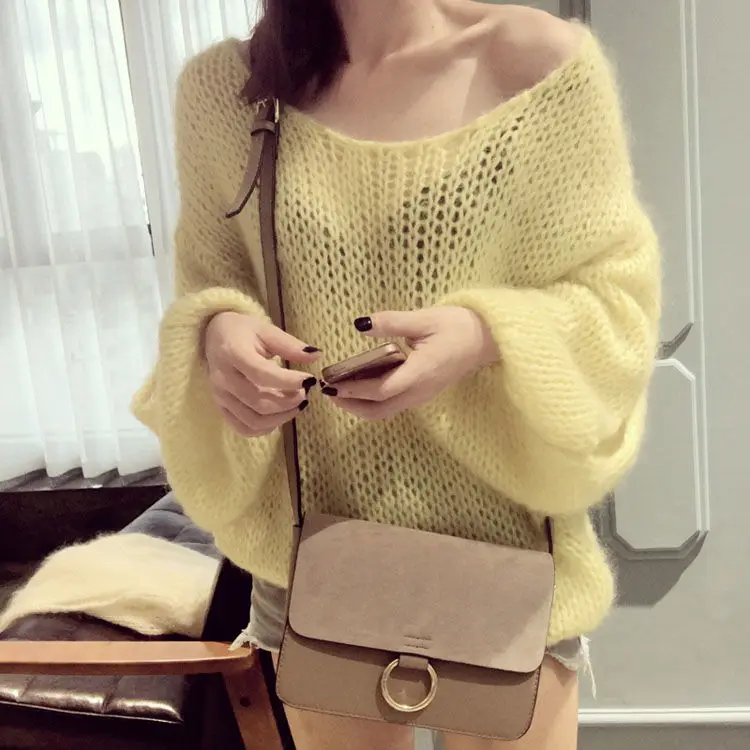 2023 Spring and Autumn New Haima Hair Sweater Women's Pullover Loose Korean Edition Perforated Bubble Sleeve Knit