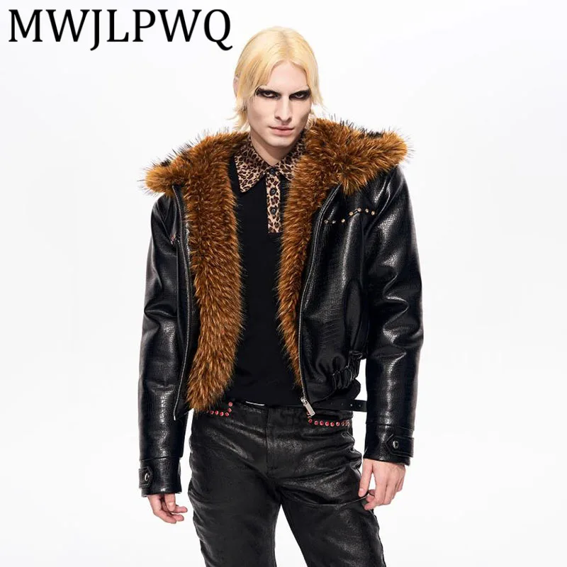 

MWJLPWQ зимнее теплое утепленное хлопковое пальто с капюшоном из искусственного меха со змеиным узором, мужские короткие кожаные топы Nihced High Street, тренд 12780