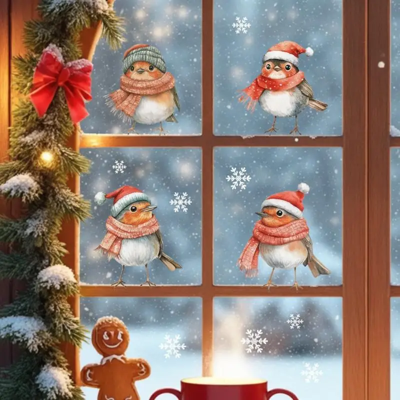 Christmas Robin Window Stickers Cute: Winter Hat Scarf Snowflake Patterns Xmas Home Decoration