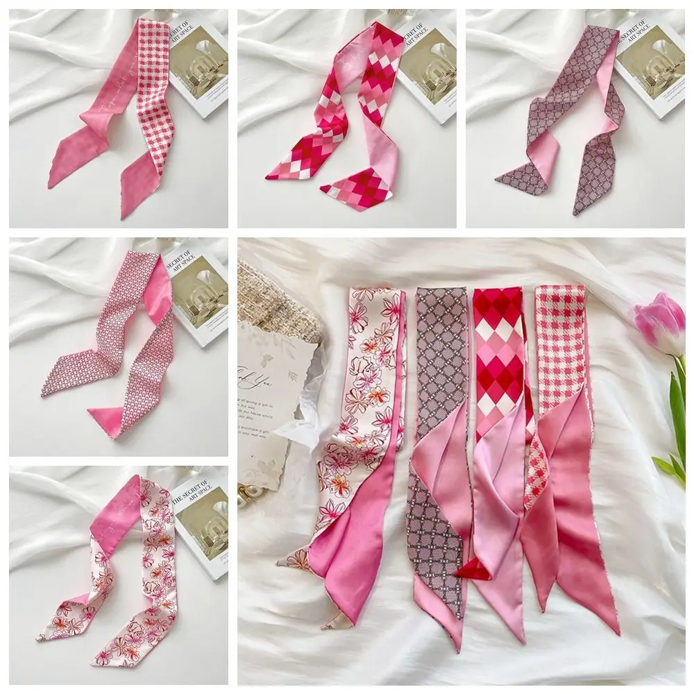 

Elegant Ribbon Headband Silk Scarf Pink Flower Printed Scarf Hair Tie Scarf Accessories Scarf Hair Band Women