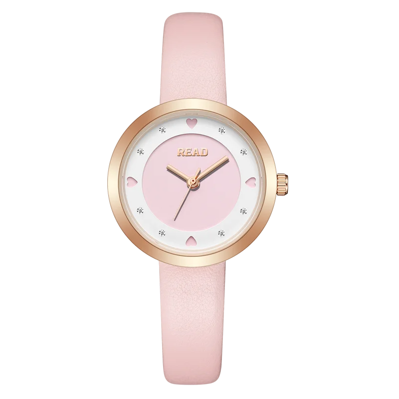 READ Ladies Analog Watch | Rose Gold Case Heart Detail | Pink Skin‑Friendly Strap | Daily Waterproof Wristwatch