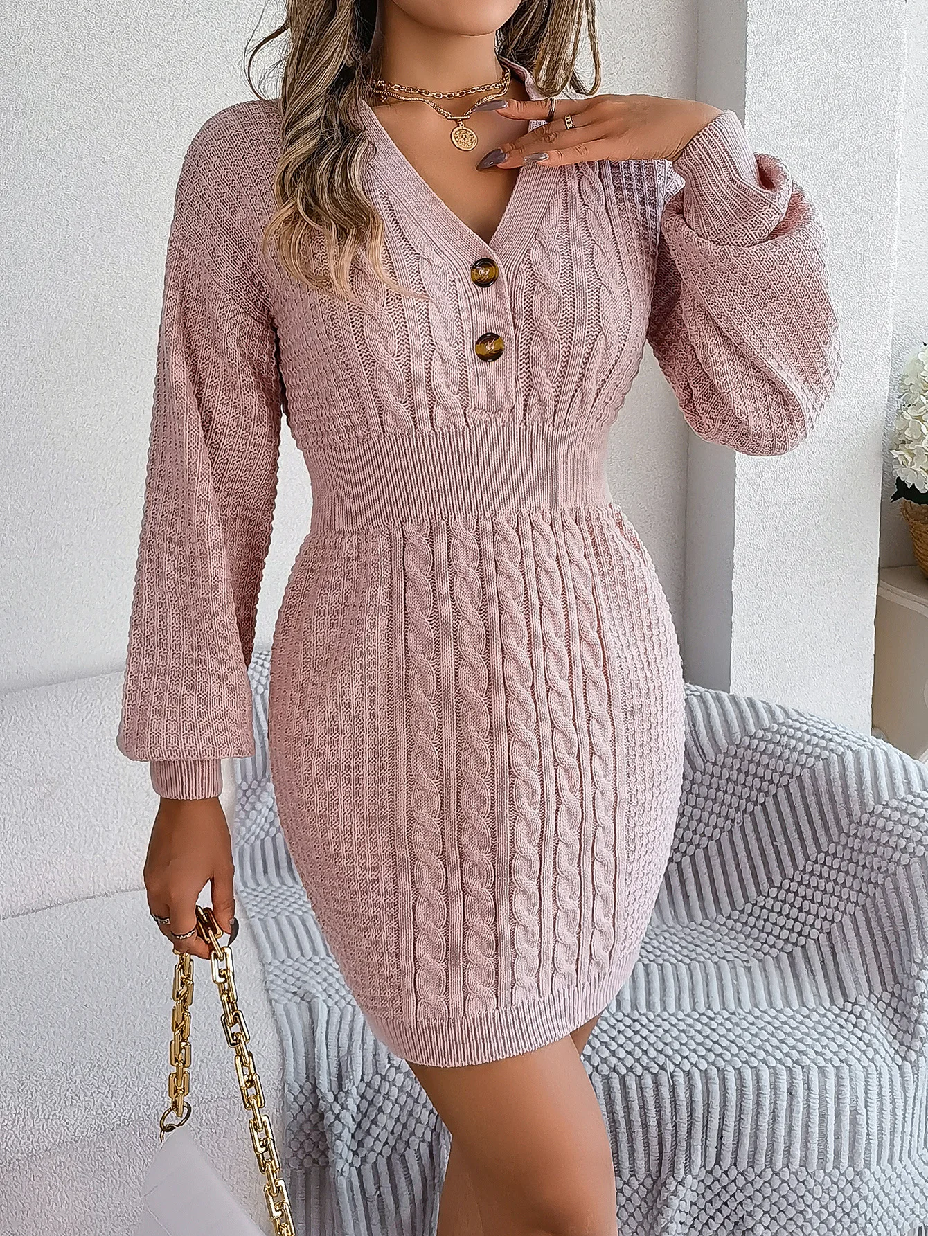 Women\'s Long Sleeve Knit Sweater Dress, Casual V Collar, Buttons, Knitted Pullovers, Sweaters, Autumn, Winter, 2022