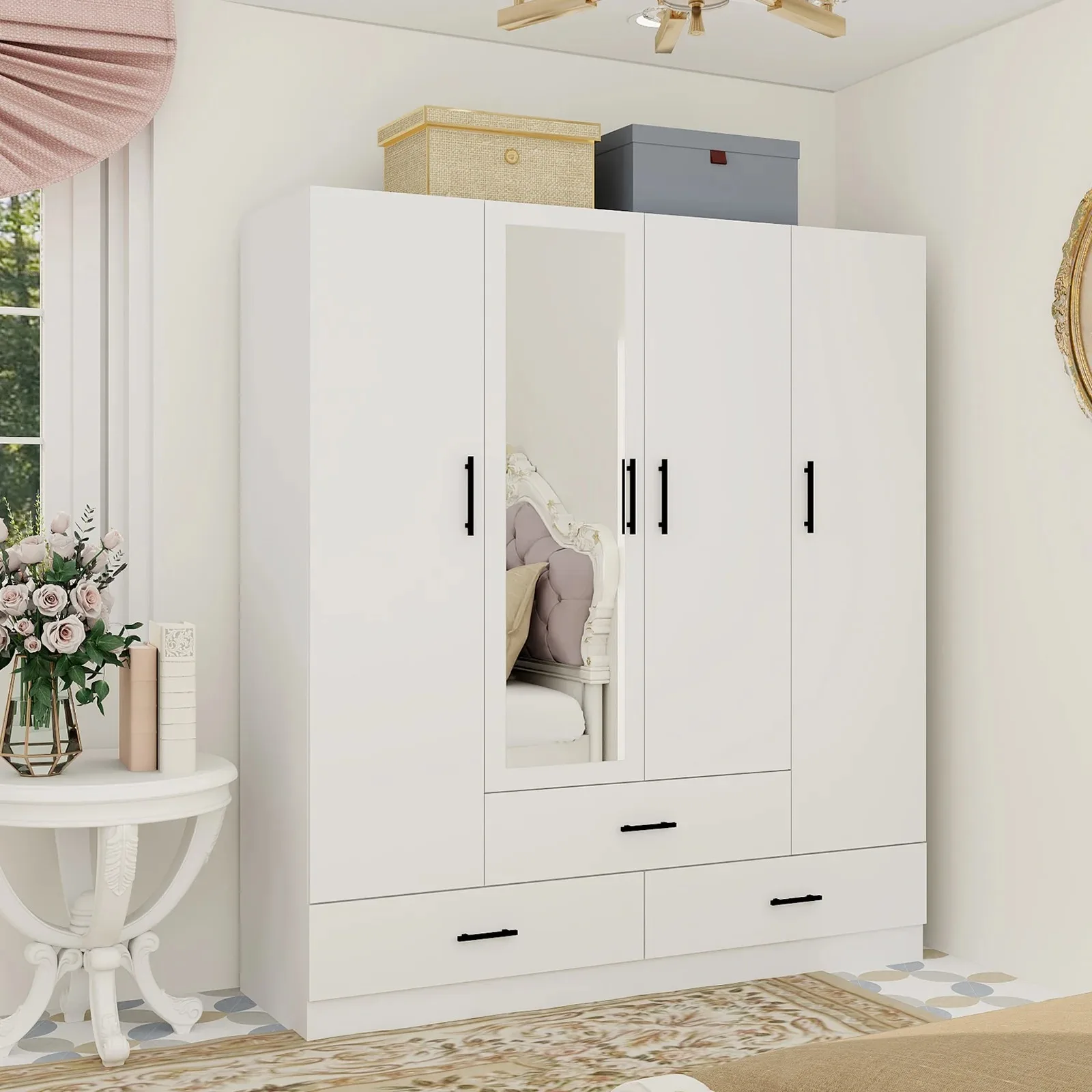Modern standing White 4 Door Wardrobe Armoire Closet with Full Length Mirror Hanging Rods and 3 Drawerspromote sales