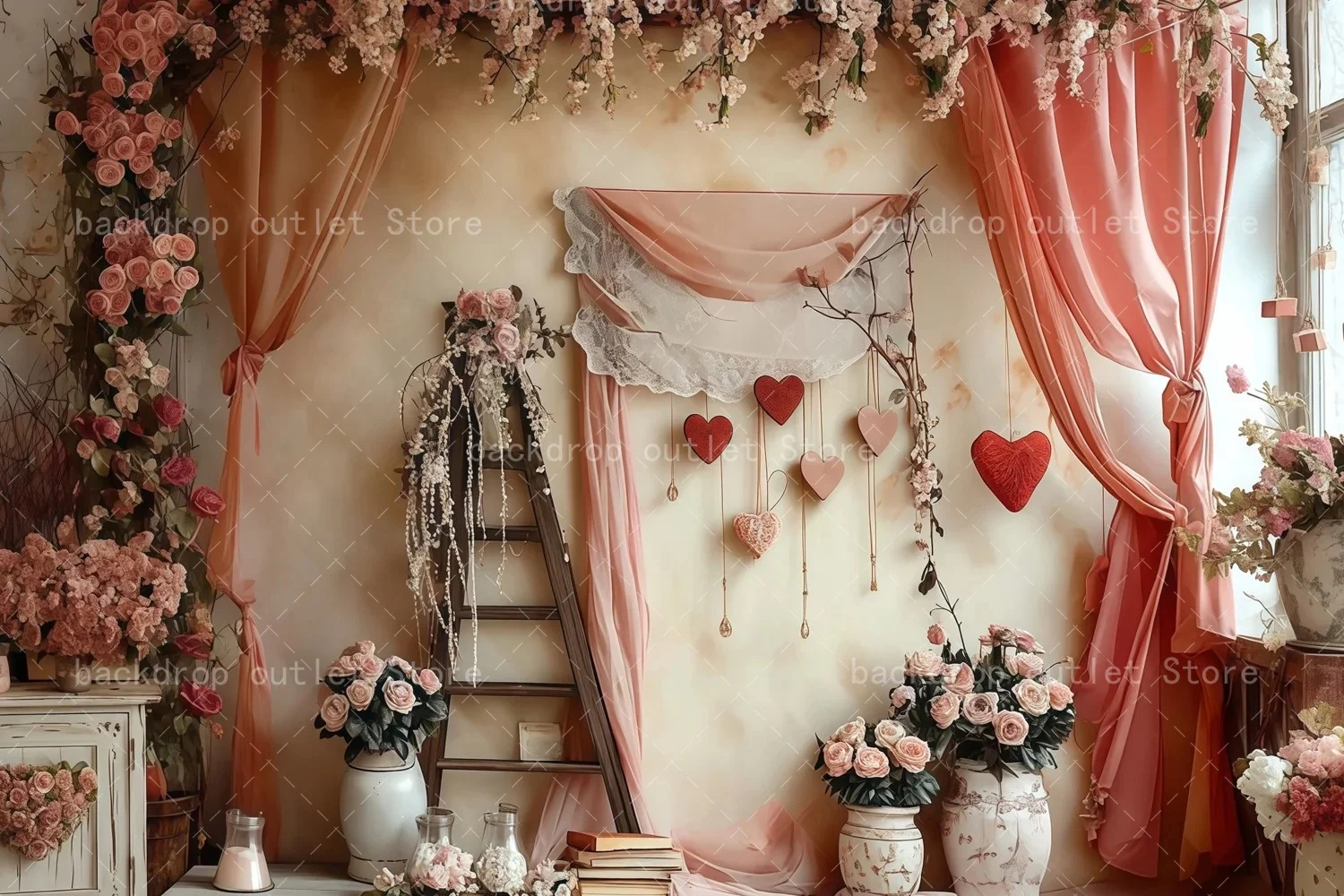 Mehofond dia dos namorados boho fotografia cenários rosa cortina floral coração vermelho adulto retrato fundos photo studio