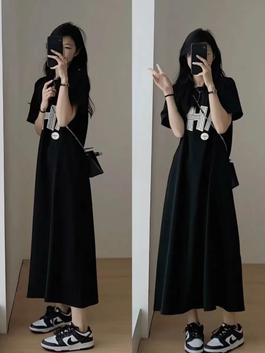 Lässiges mittellanges T-Shirt Dr für Damen in Übergröße, Sommer, lockerer knielanger Ort-Slee-Schlankheitsrock, Polyester-Mischung