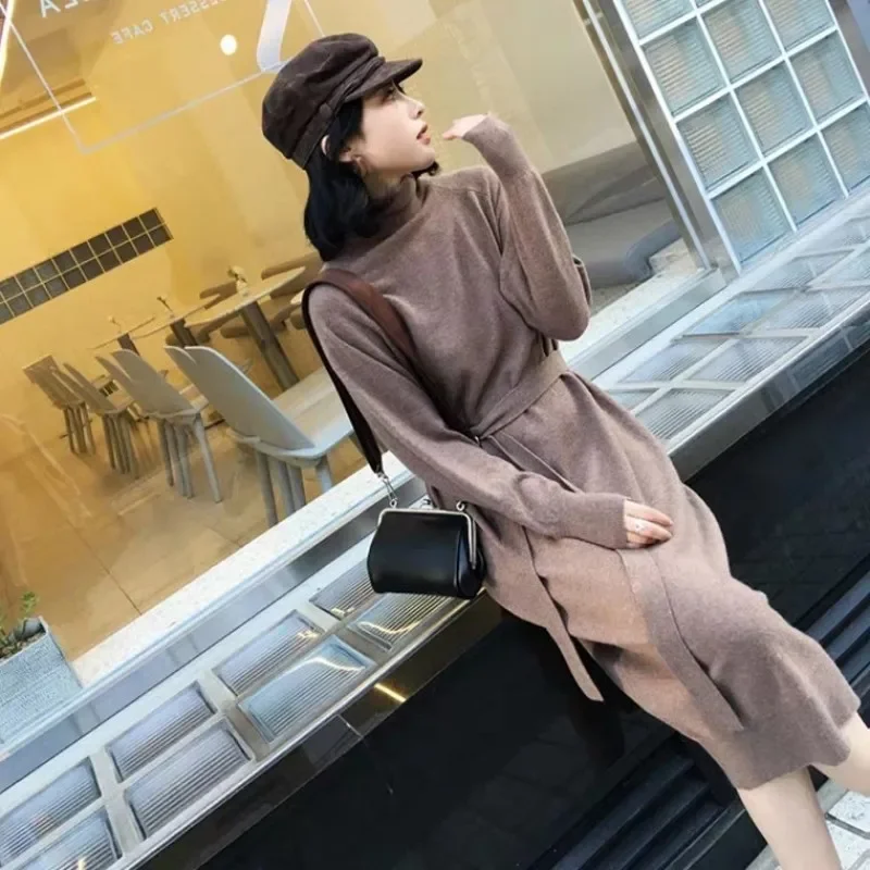 SHIJIA New Woman Woolen Dress Long-sleeve Turtleneck Khaki Solid Slim Waist Sweater Dress Female Lace-up Knitwear Ladies Autumn