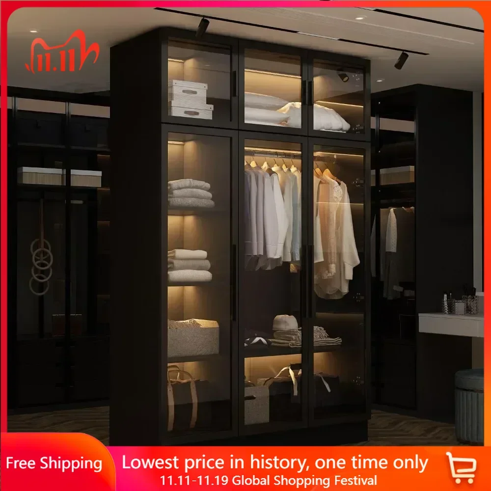 Glass Wardrobe Closet with Lights, Amoire Wardrobe with Glass Doors and Shelves, Armoire Wardrobe Closet with Hanging Rod