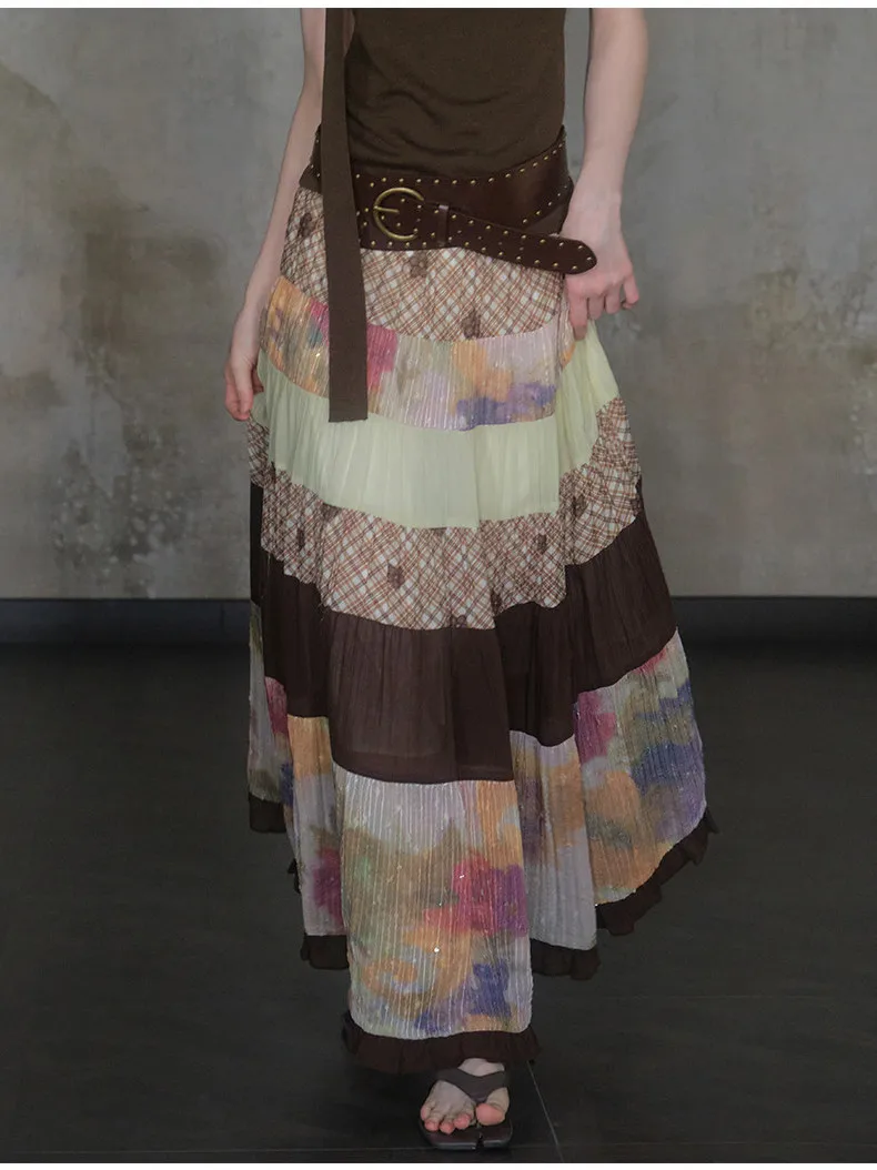 CHEERART Barbizon Dollette Summer Full Skirt For Women 2026 Vintage Patchwork A Line Brown Long Maxi Skirt Fashion Bottoms