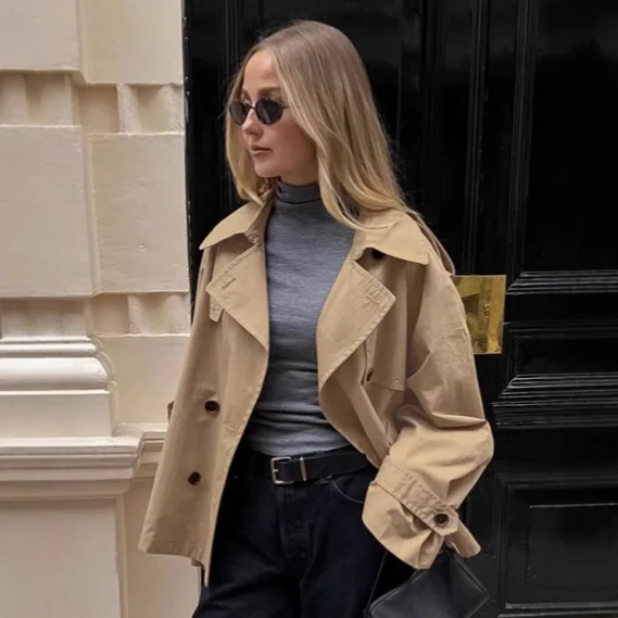 

Stylish Women's Autumn Trnch Coat Khaki Lapel Collar Double Breasted Pockets Outwear For Lady Korean-style Chic Female's Jacket