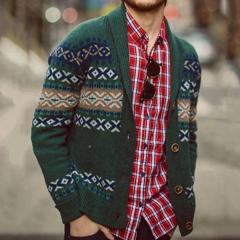 Winter Green Crocheted Sweater Christmas Coat Men\'s Knitted Cardigan Lapel Long-Sleeved Crocheted Sweater Jacket for Men M-3XL