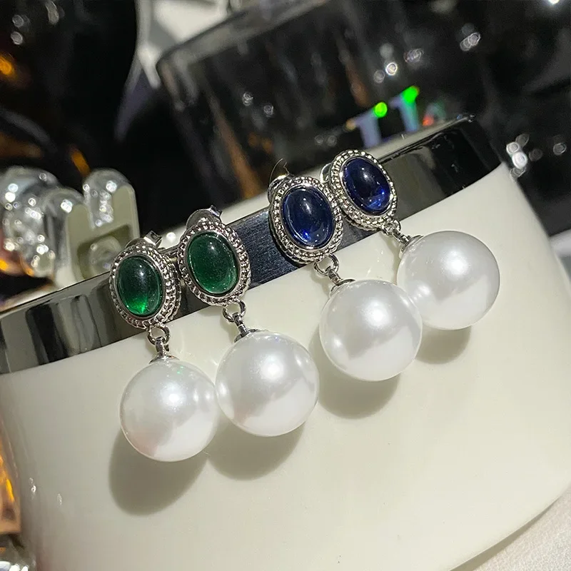 MDLFES مويسان الماس نمط حورية البحر الدموع الأحجار الكريمة اللؤلؤ وأقراط تاهيتي 18K الذهب الأبيض مطلي الخرز