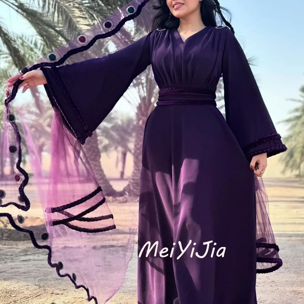 Meiyijia  Evening Dress V-neck Sash Long Sleeves A-Line Pleated Saudi  Arabia  Sexy Evening Birthday Club Outfits Summer 2024