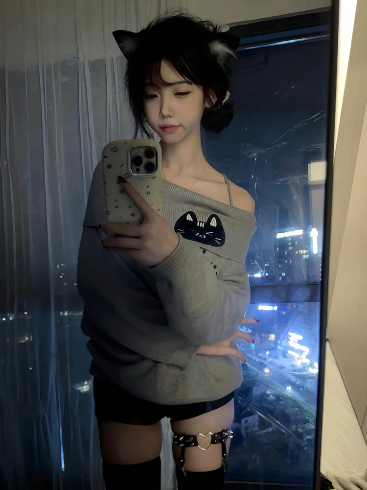 

Милый вязаный свитер с узором «Косточки» для женщин, весна-осень, маленький размер, дерзкий дизайн, топ на одно плечо, повседневный трикотаж