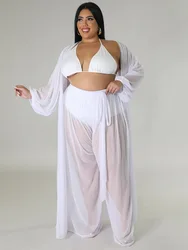 Plus Size Loose Sheer Mesh Two Piece Set Summer Women Clothes Beach Style Long Sleeve Cardigan Cover-ups Pants 2 Pieces Set 2023