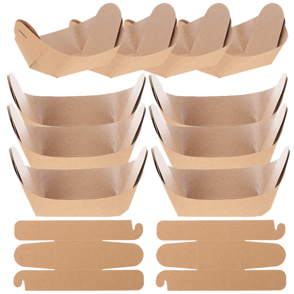 

100pcs Kraft Paper Boat Boxes Disposable Food Trays Oil Proof Waterproof Take Out Containers Foldable Design Picnic Supplies