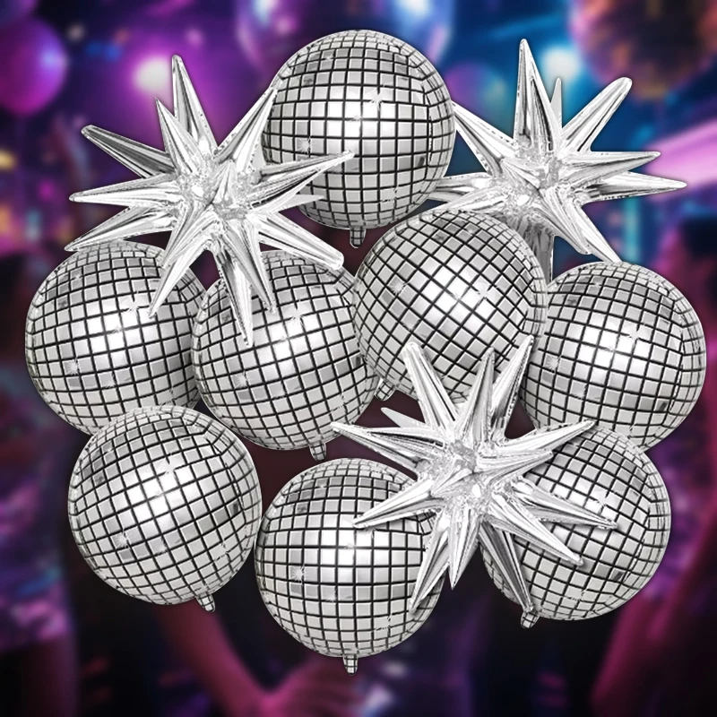 Juego de globos de película de aluminio con estrella de explosión de discoteca plateada, decoración para el lugar de boda, fiesta individual de cumpleaños, 8 Uds.