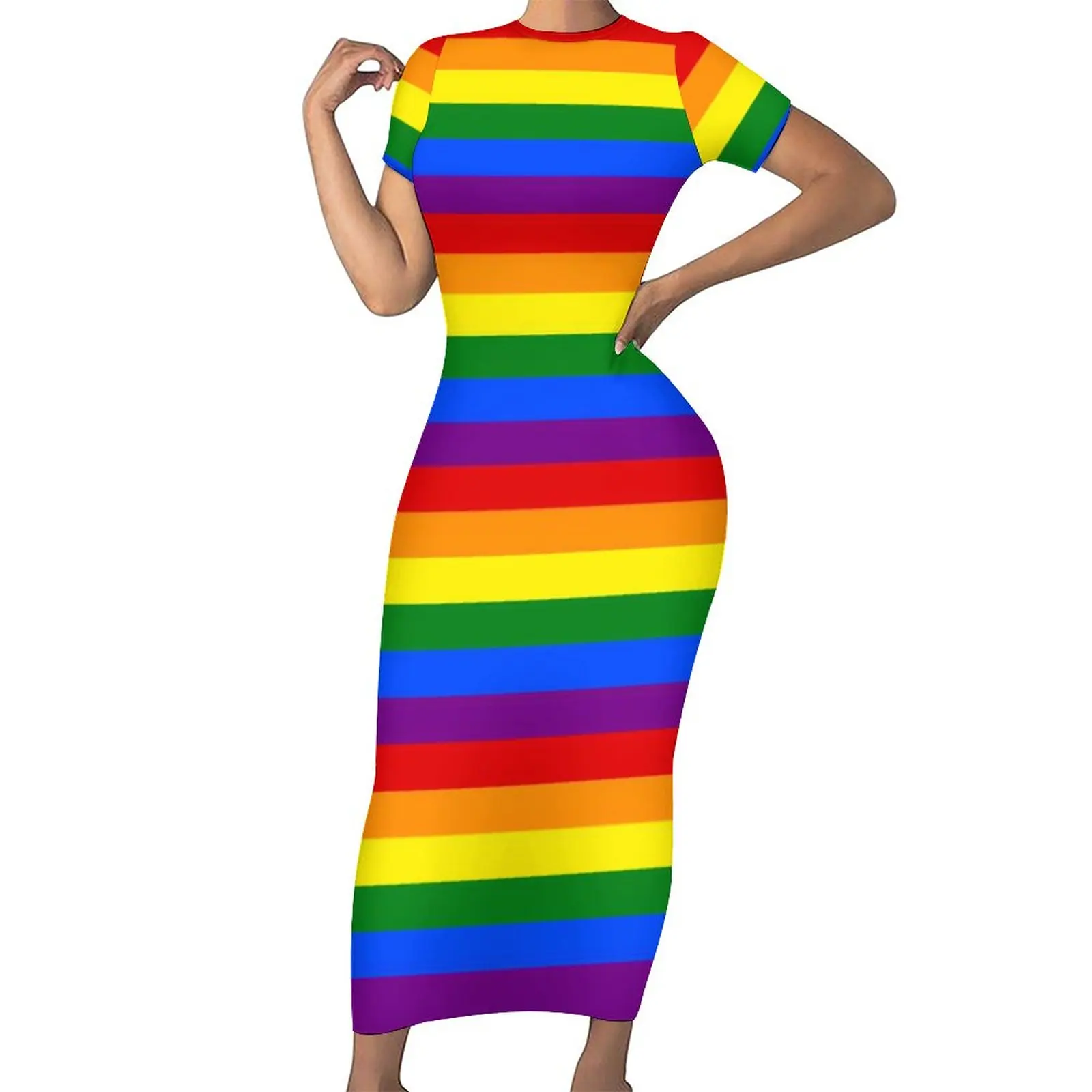 Colorful Rainbow Flag Bodycon Dress Summer Gay Pride LGBT Modern Retro Maxi Dresses Ladies Short Sleeve Graphic Fashion Dress