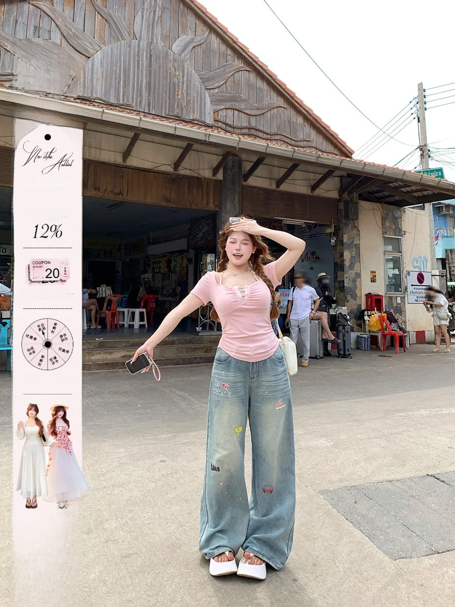 

Sweet Cool Whisker Print Graffiti Denim Jeans Women plus Size Vintage Washed Loose Fit Natural Waist Wide Leg Pocket Detail