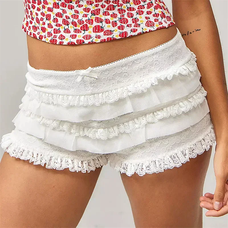 Women Y2k Kawaii Lace Bloomer Shorts Aesthetic Ruffle Tiered Pumpkin Pants Cute Layered Panties Halloween Bottoms