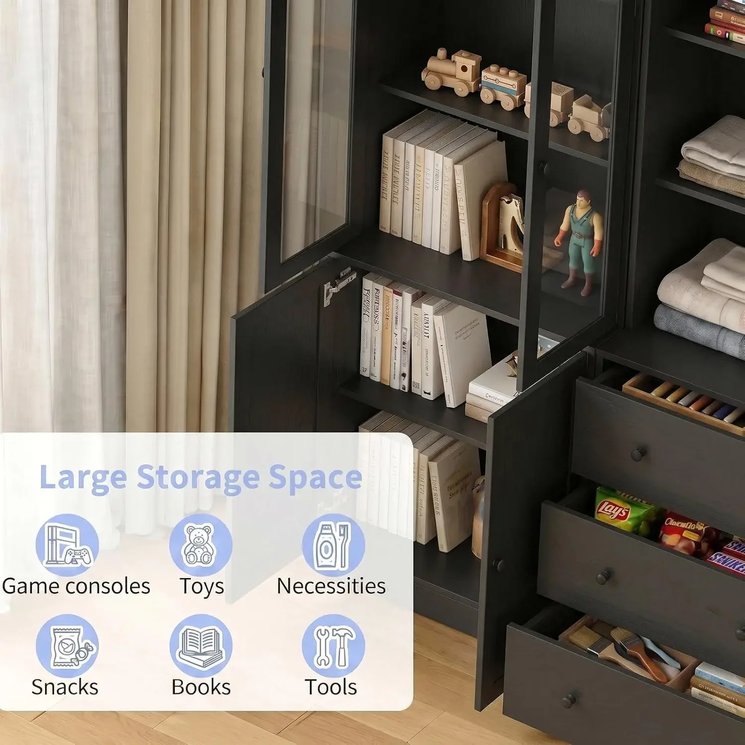 71" H Bookshelf with Storage, 6-Tier Modern Bookshelves with 3 Large Drawer, Display Bookcase with Glass Doors, Modern 5-Tier Cu view 5