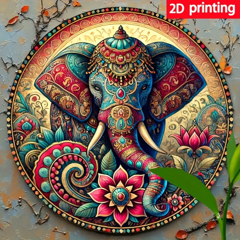 Lebhaftes Mandala-Design eines indischen Elfenbeinelefanten im Vintage-Stil mit Lotus- und Blumenmustern – langlebiges Metallschild, perfekt für Zuhause