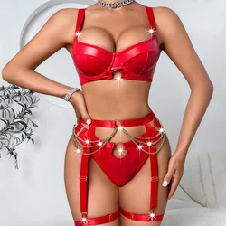 Sexy Lingerie Leather Lingerie Nightclub Queen Dance Dress NightclubTemptation Metal Chain Sexy Underwear Set Spicy Bra