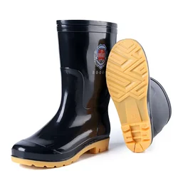 Black Rubber Shoes Water Shoes Mid Calf Sole Three Rainproof Shoes Men's Mid Top Rain Boots Labor Protection