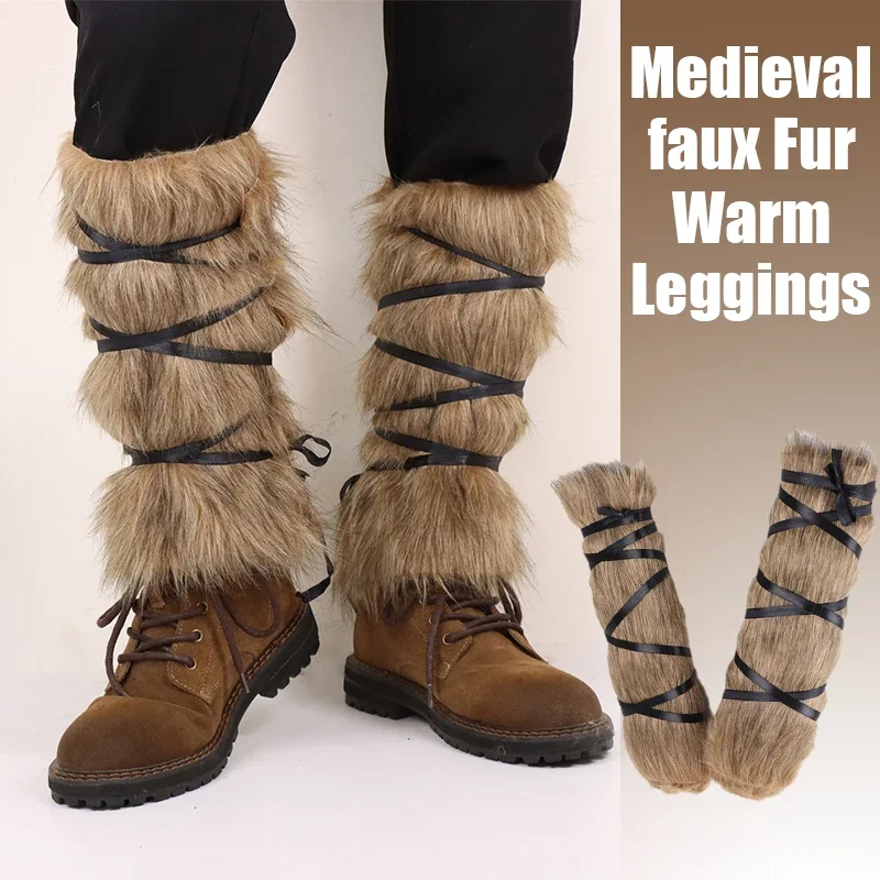 1Pair Men Medieval Imitation Fur Warm Leggings Furry Leggings Boots Cosplay Vikings Dress Up Clothing Pirate Cosplay Accessories