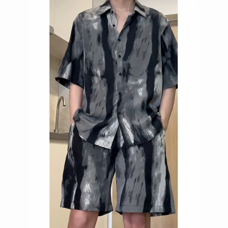 Summer Wear Tie-dyed Shirt Short Sleeve Male Sense of Advanced Thin Ice Silk Two-piece Shirt and Shorts Set Pajama for Men