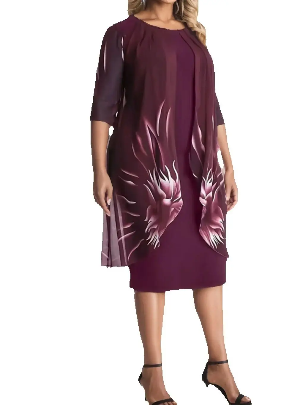 

Print Flowers Mid Length Plus Size Dress With Half Sleeves