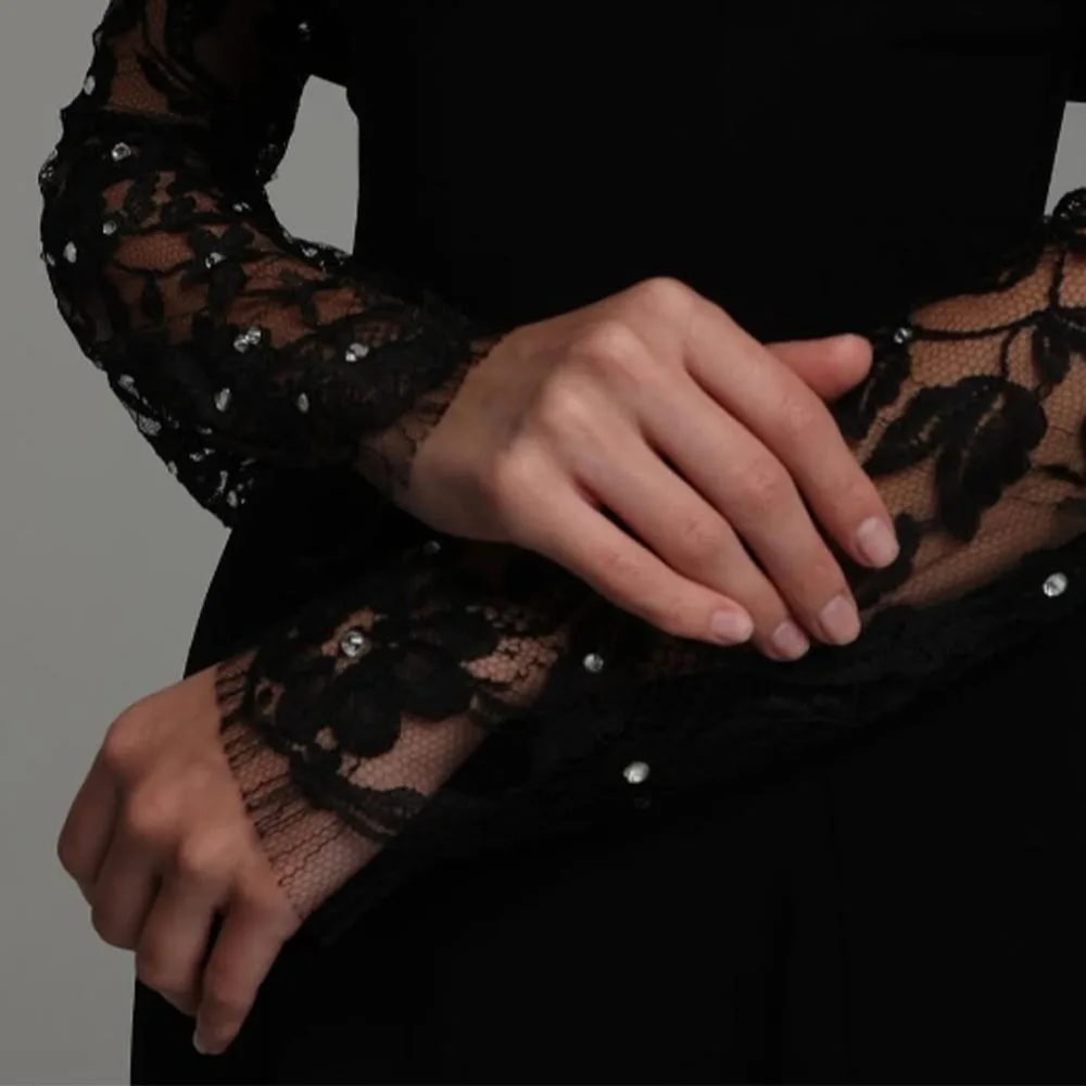 High Quality Customized Sweetheart Ankle Length Black Backless Three Quarter Sheer Transparency Serene Hill Dress Women Sexy