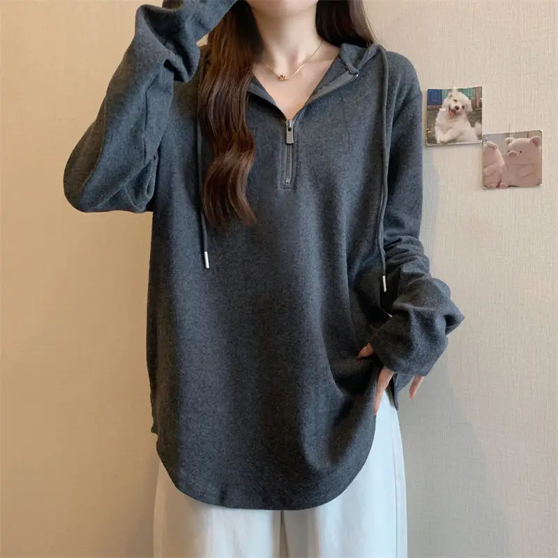 Basic Long Sleeve Zipper T-shirt Female Clothing Solid Color 2024 Spring Autumn Casual Loose Hooded Stylish Drawstring Pullovers