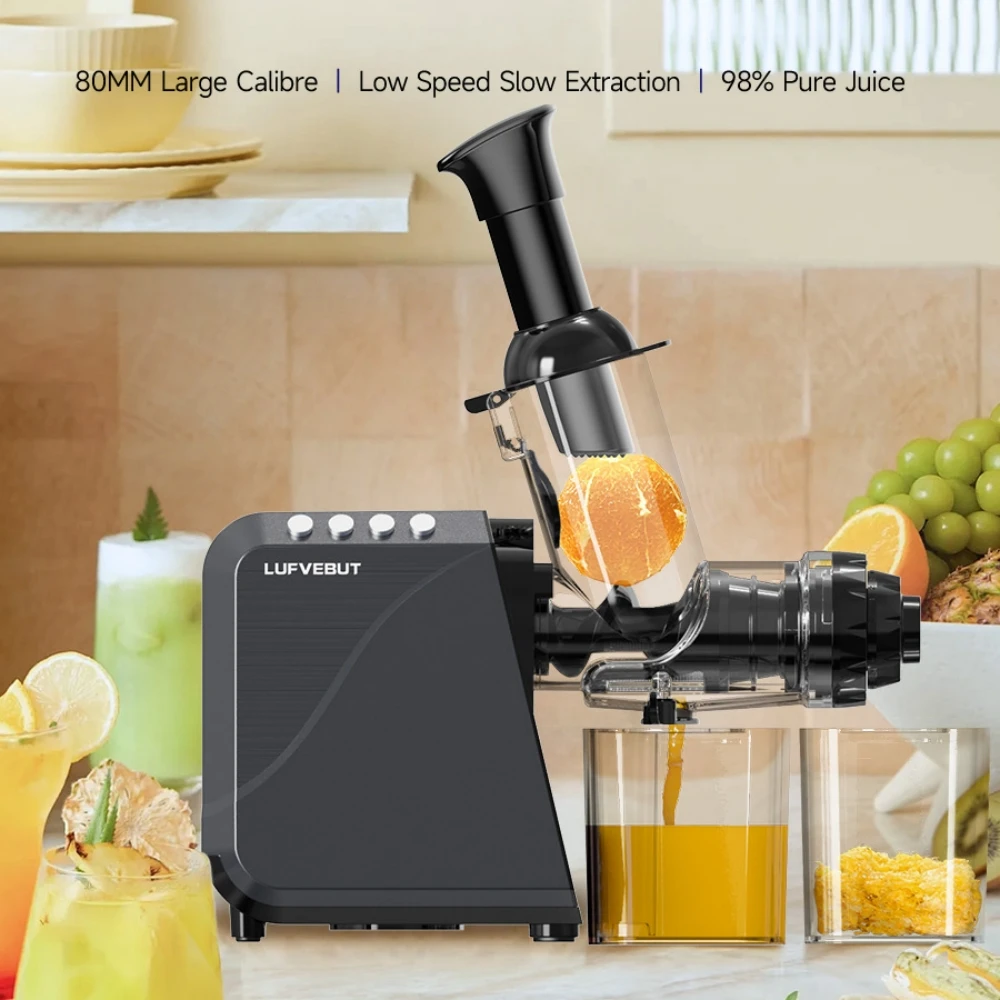 LUFVEBUT 80MM Large Calibre Slow Juicer 250W Cold Press Masticating Extractor 98% High Juice Yield BPA Free Safe Kitchen Gadgets