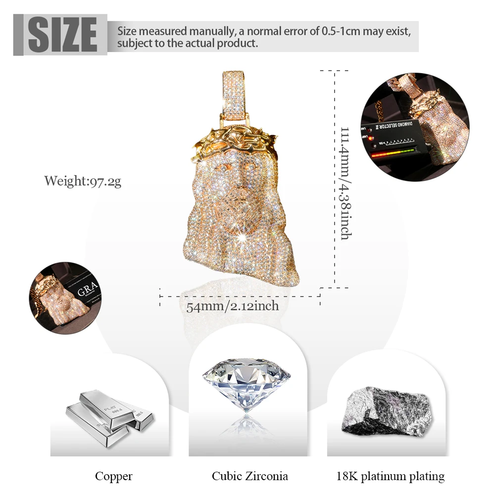 Iced Out Jesus Head Pendant Full Diamond 18K Gold Plated Full Paved Zircon Hip Hop Round Medallion Necklace 3D Crown Jesus Face Cuban Chain Necklace Accessories Charm Rap Club Jewelry Gold Plating Sparkling Fine Jewelry Gifts for Men Boy Friends