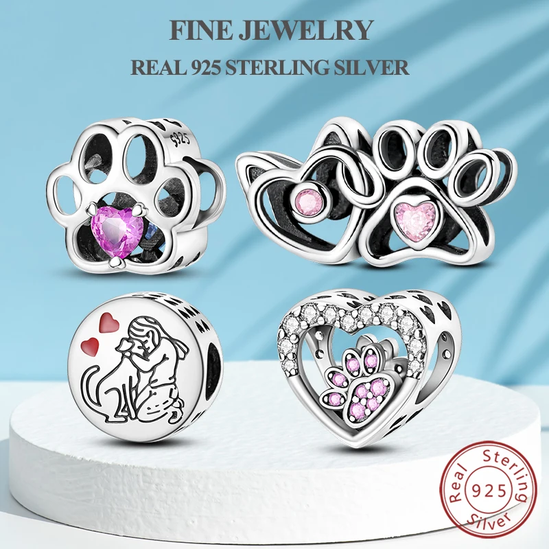 

Настоящее серебро S925, подвески из бисера, сердце, розовая лапа, принт собаки, подвеска, подходит для оригинального браслета, ожерелье, женские ювелирные изделия